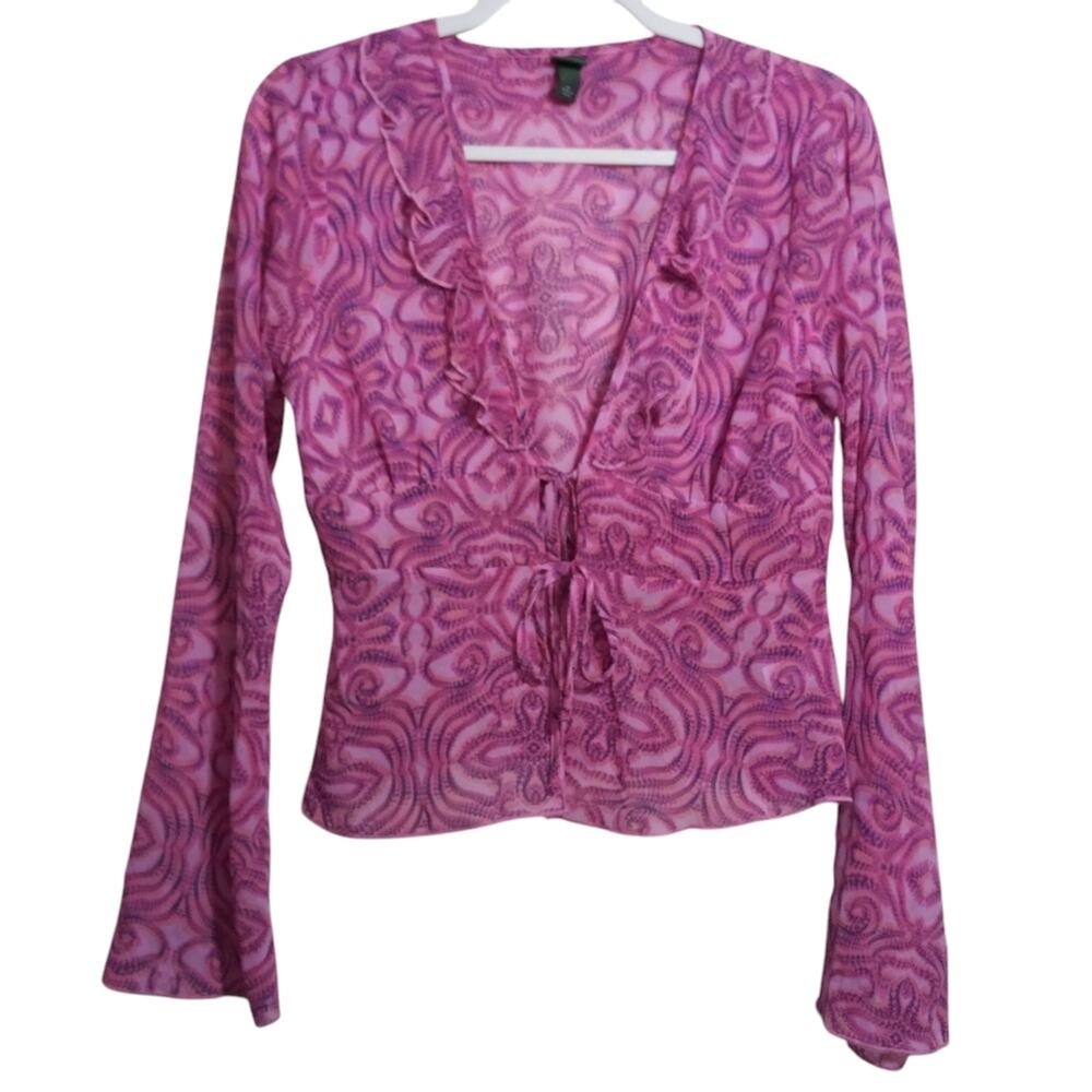 Wild Fable Pink Swirl Bell Sleeve Sheer Tie Front Retro Festival Top Size M